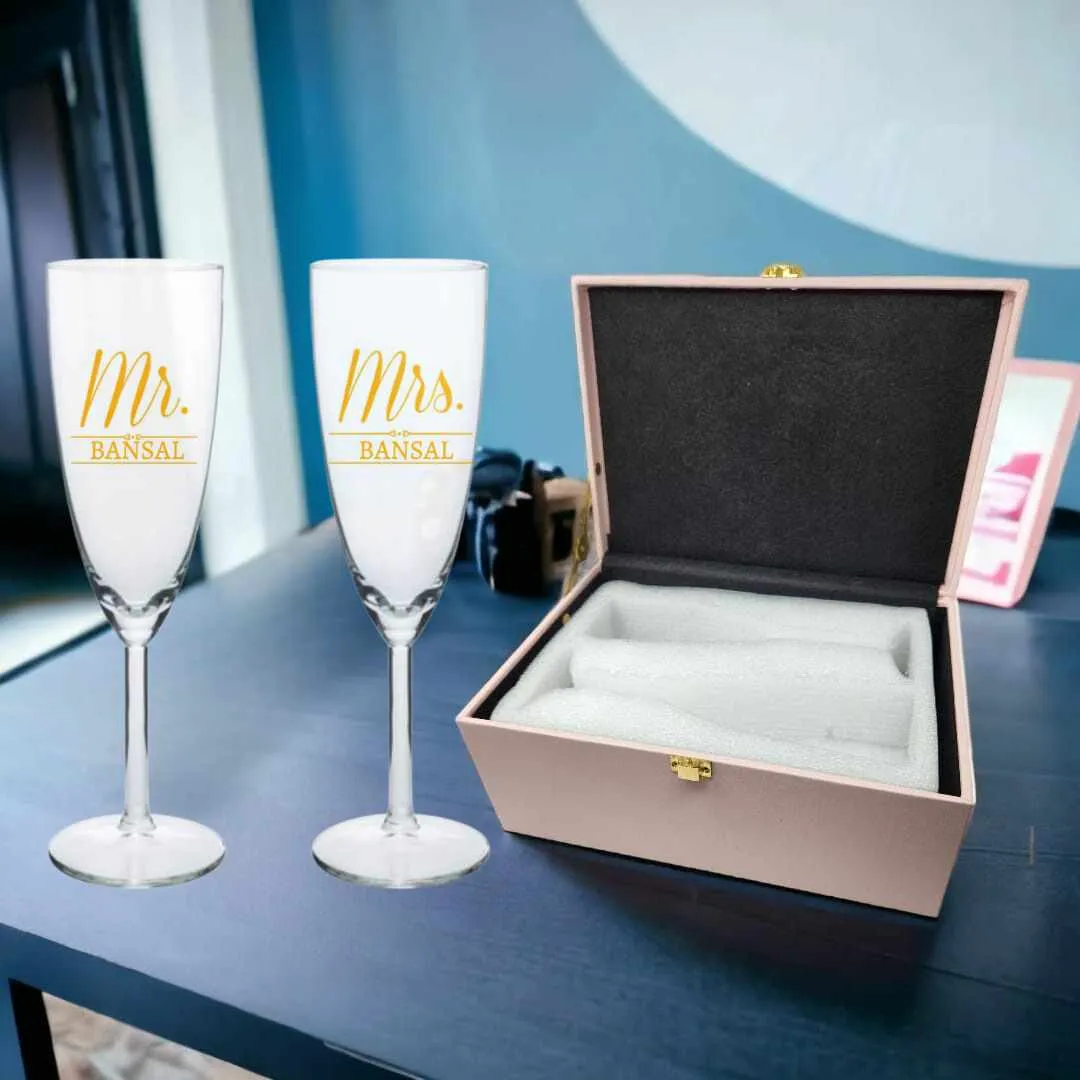 Gift Box With Mr and Mrs Champagne Glasses Set of 2 Available in Black & Pink Boxes - Anniversary Gifts