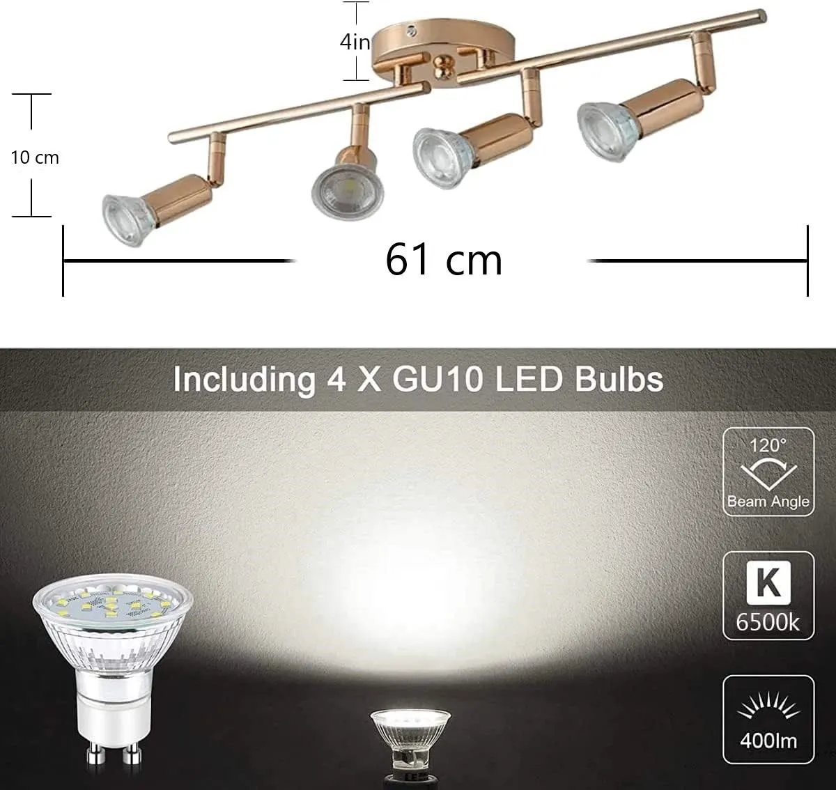 Gold LED 4-Light Track Lighting Kit, Rotatable Heads