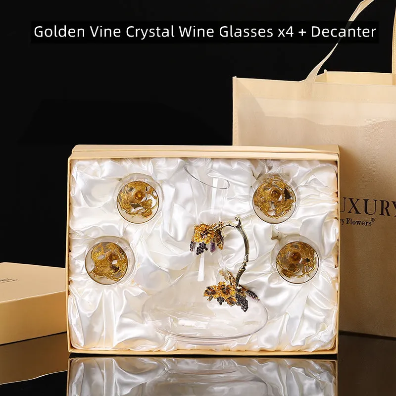 Golden Vine Crystal Wine Glasses with Decanter Suitcase Set