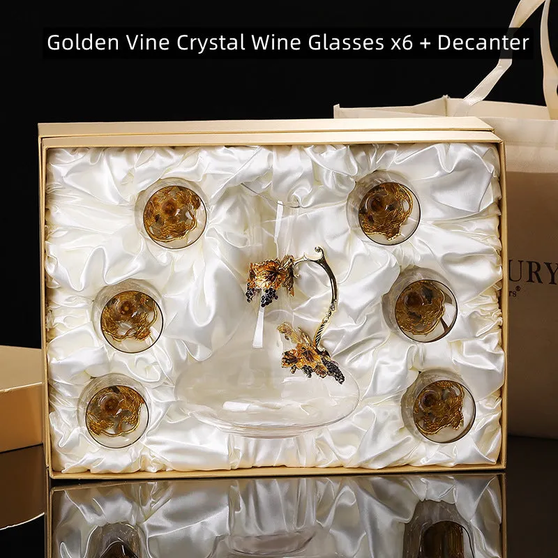 Golden Vine Crystal Wine Glasses with Decanter Suitcase Set