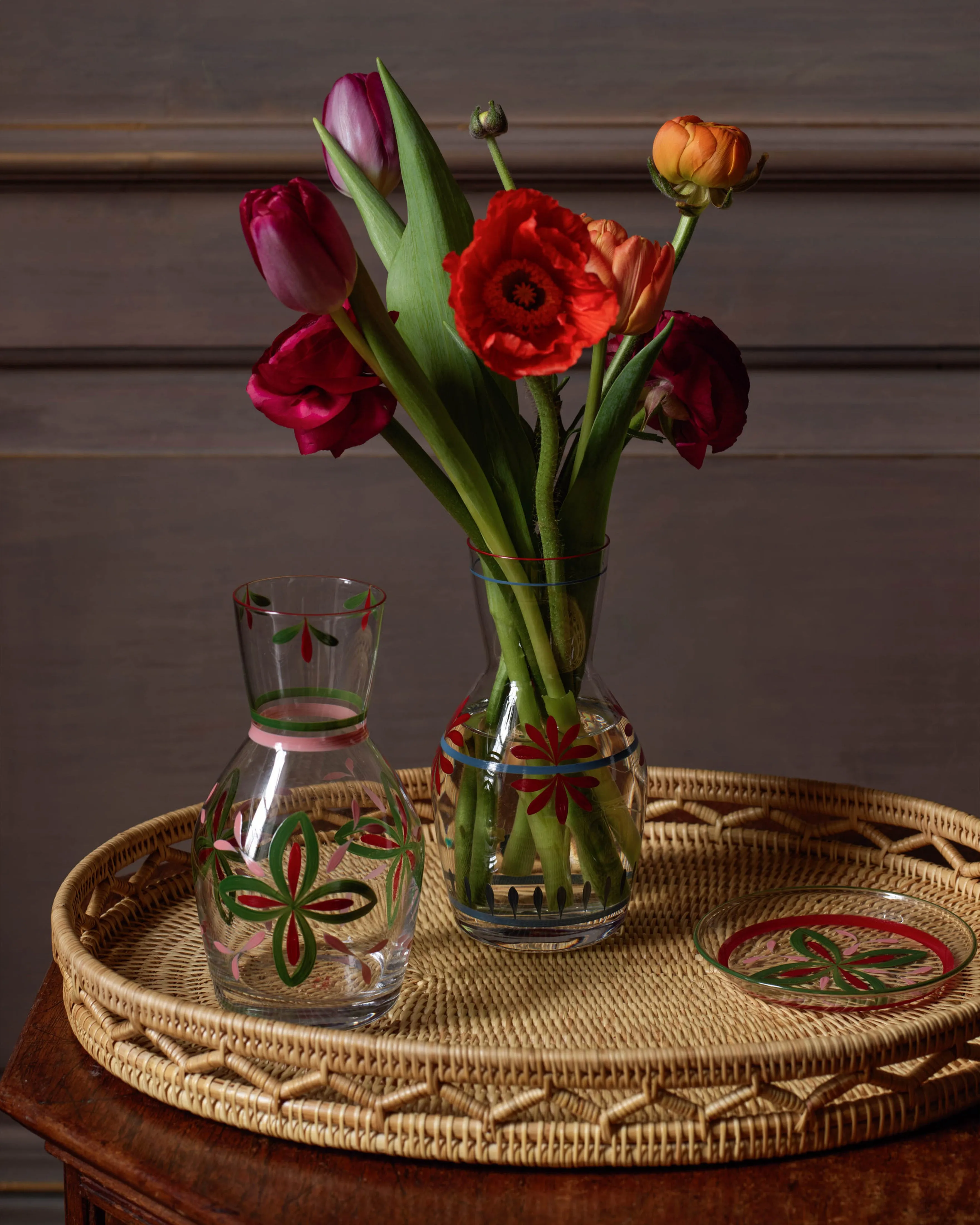 Hand Painted Carafe and Coaster Set, Green and Pink