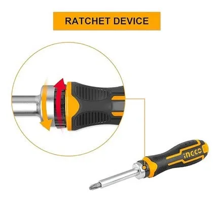 Homdum INGCO 8pc Ratchet Screwdriver Set AKISD0808 - Screwdriver Accessories with Anti-Slip Handle - Chrome Vanadium Steel bits - Multiple bit Sizes - 8 Pieces bits