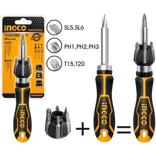 Homdum INGCO 8pc Ratchet Screwdriver Set AKISD0808 - Screwdriver Accessories with Anti-Slip Handle - Chrome Vanadium Steel bits - Multiple bit Sizes - 8 Pieces bits