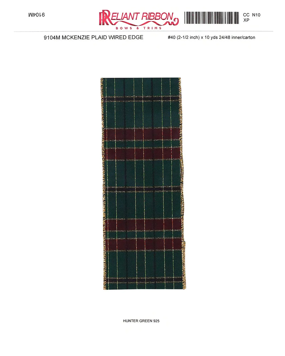 Hunter Green Christmas Plaid Wired Ribbon - 2 1/2" x 10 Yards