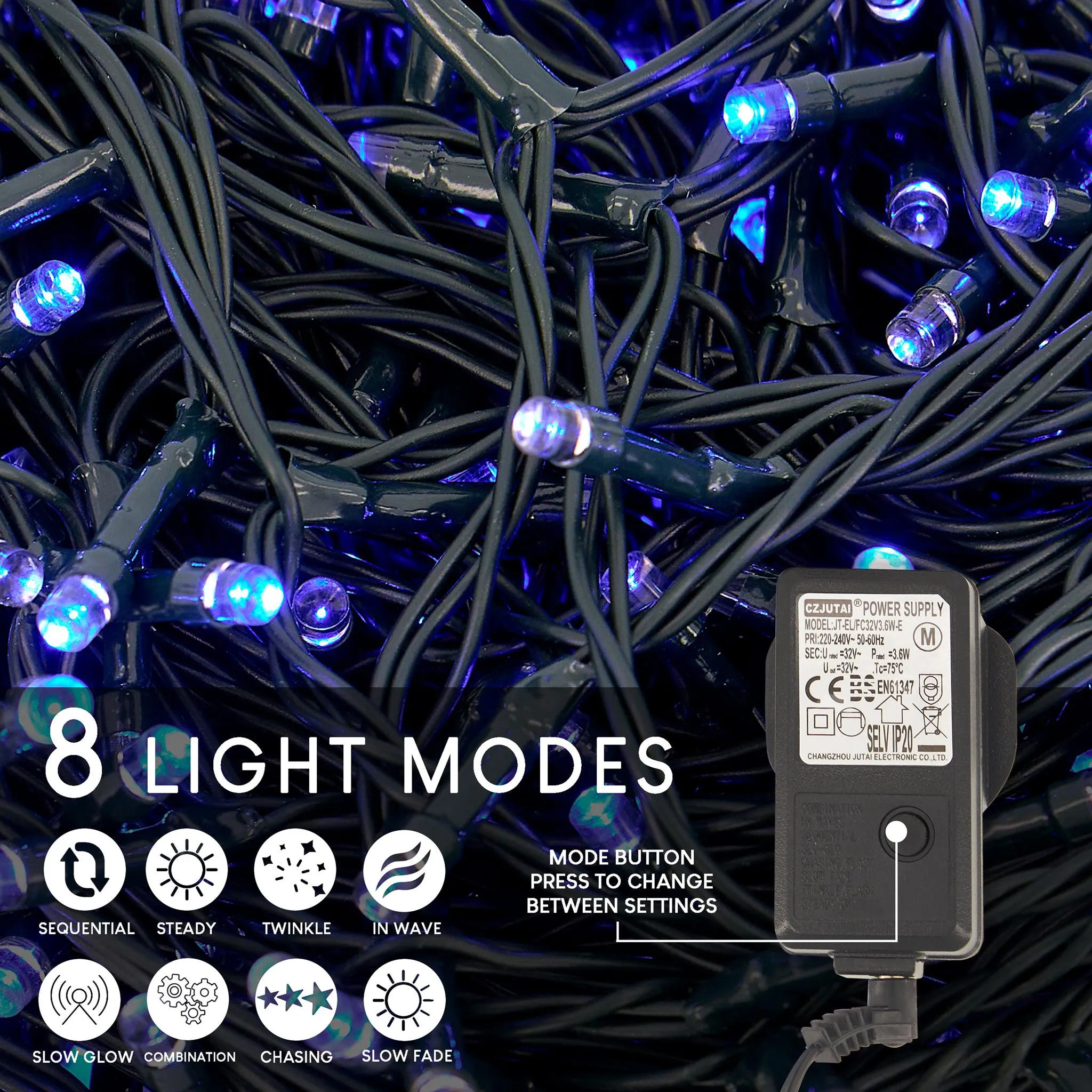 Indoor/Outdoor 8 Function LED Waterproof Fairy Lights with Green Cable (400 Lights - 32M Cable) - Blue Lights