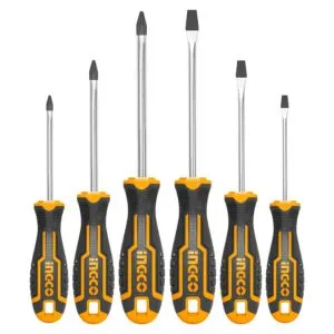 INGCO HKSD0628 6 pcs Round Blade Screwdriver set Industrial Premium Pro-Grade Screwdriver Set with Custom Ergonomic Handle Design Resistant CR-V Steel (Pack of 6)