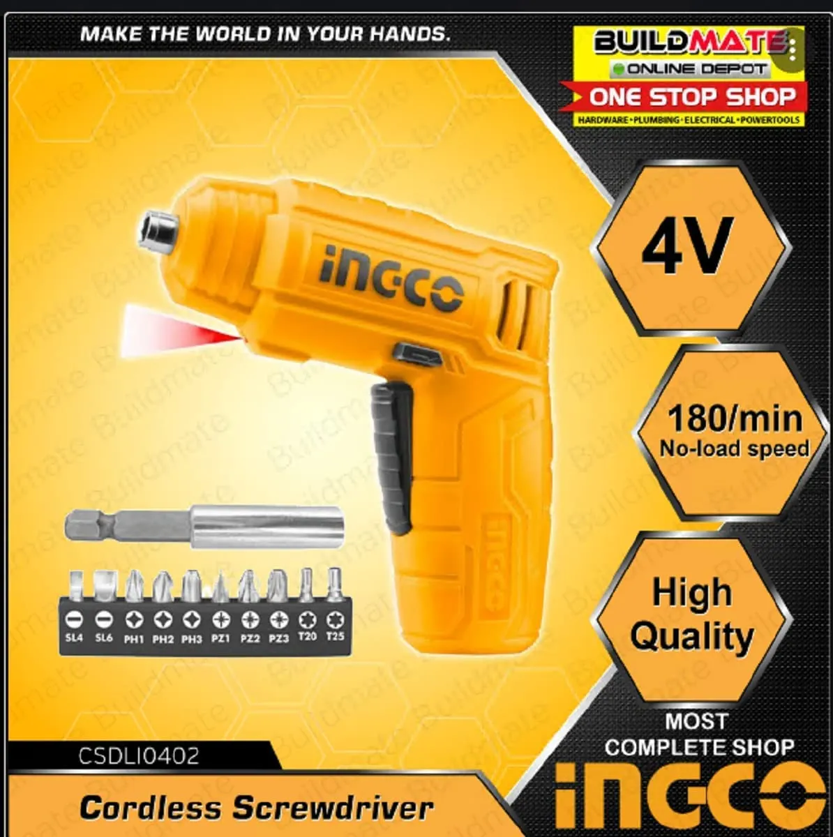 INGCO Lithium-Ion Cordless Screwdriver, Powered Screwdriver LED Rechargeable Handy Drill Screwdriver with 11 pc Accessories, 1pcs Magnetic Bit Holder CSDLI0402