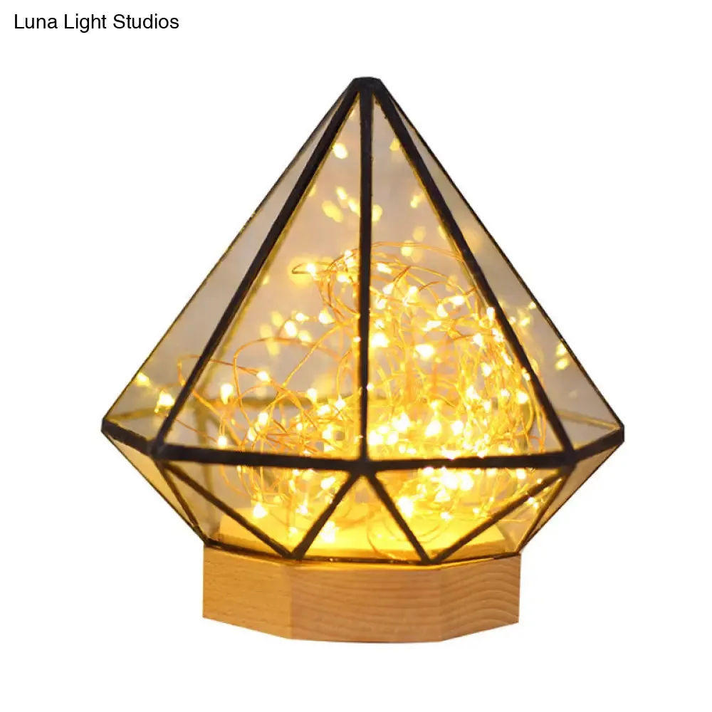 Kids Diamond Night Lamp: Transparent Glass LED Table Light with Cartoon Process and Glow String Inside - Wood Design