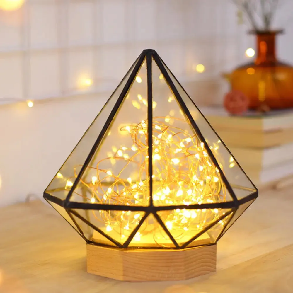 Kids Diamond Night Lamp: Transparent Glass LED Table Light with Cartoon Process and Glow String Inside - Wood Design