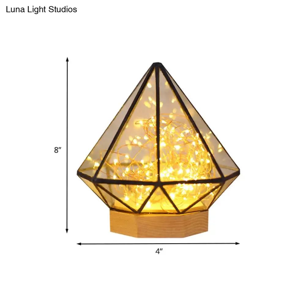 Kids Diamond Night Lamp: Transparent Glass LED Table Light with Cartoon Process and Glow String Inside - Wood Design