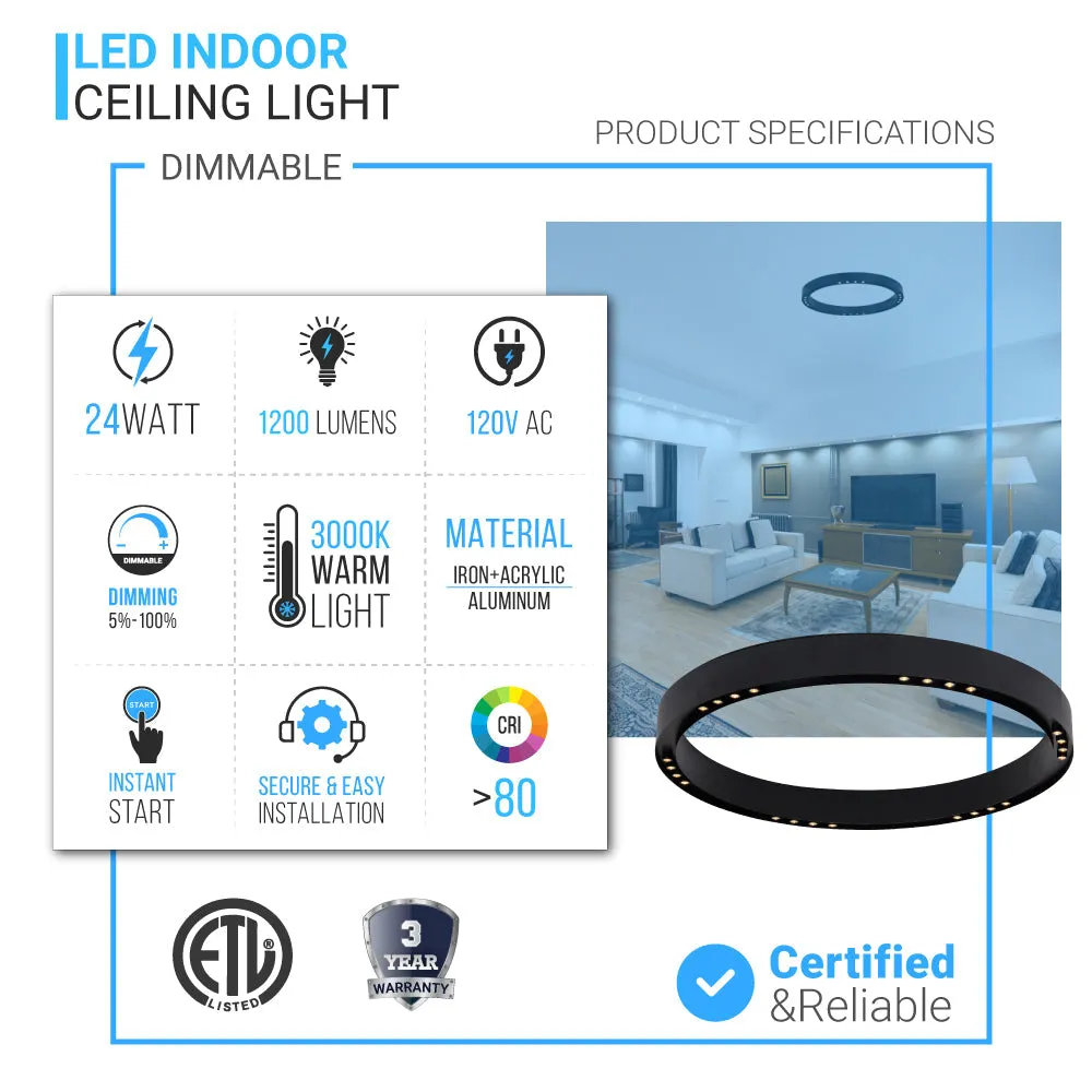 LED Flushmount Light, Dimmable, 3000K (Warm White), Matte Black (C3652-60)