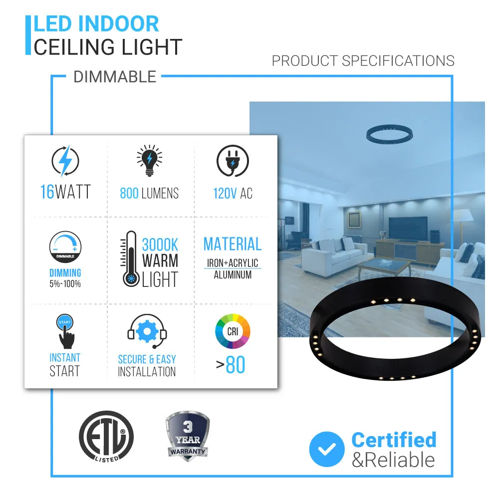 LED Flushmount Light, Dimmable, 3000K (Warm White), Matte Black (C3652-60)