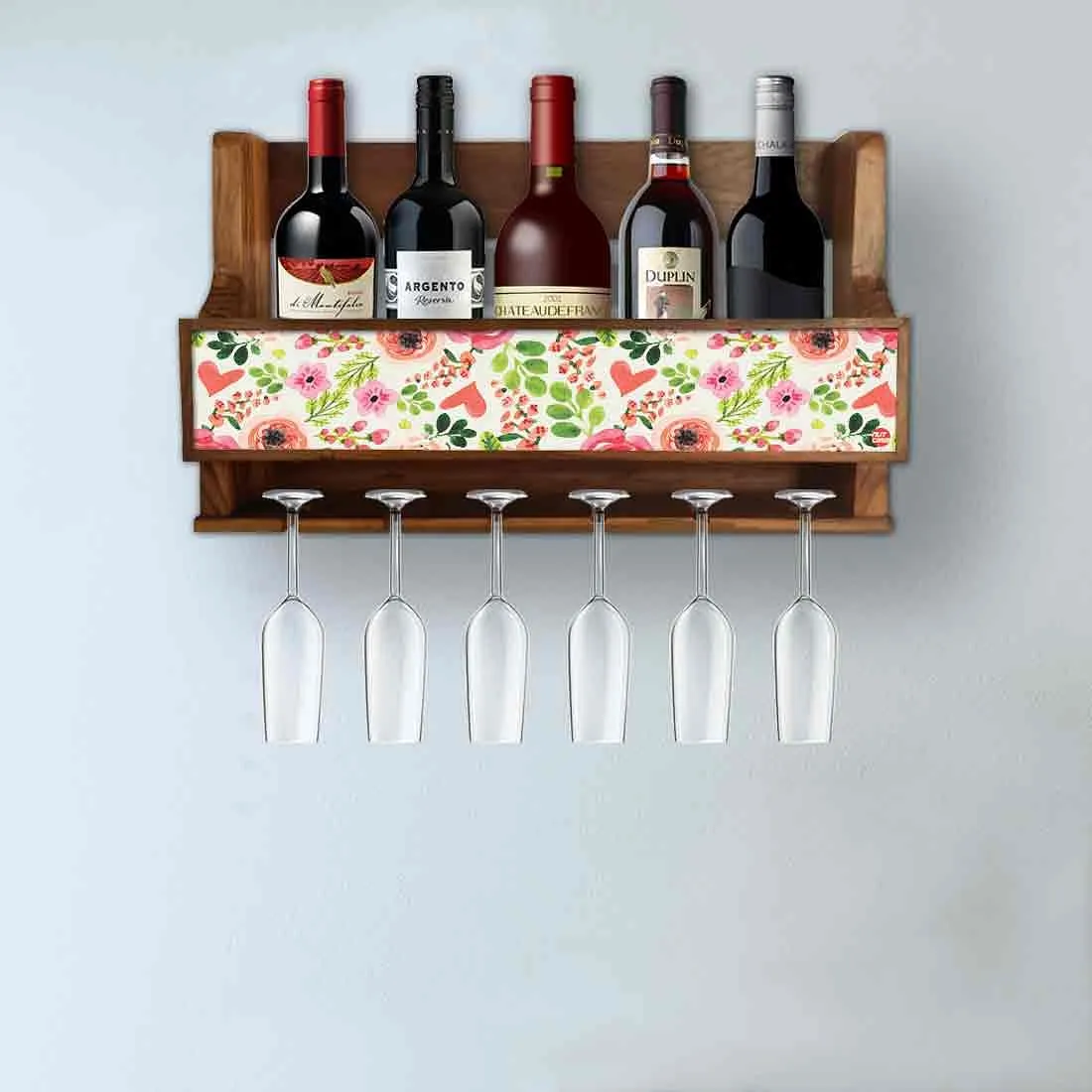 Nutcase Designer Wooden Wine Rack Gloss Holder, Teak Wood Wall Mounted Wine
 Cabinet , 5 bottle Hangers for 6 Wine Glasses -  Baby Flower