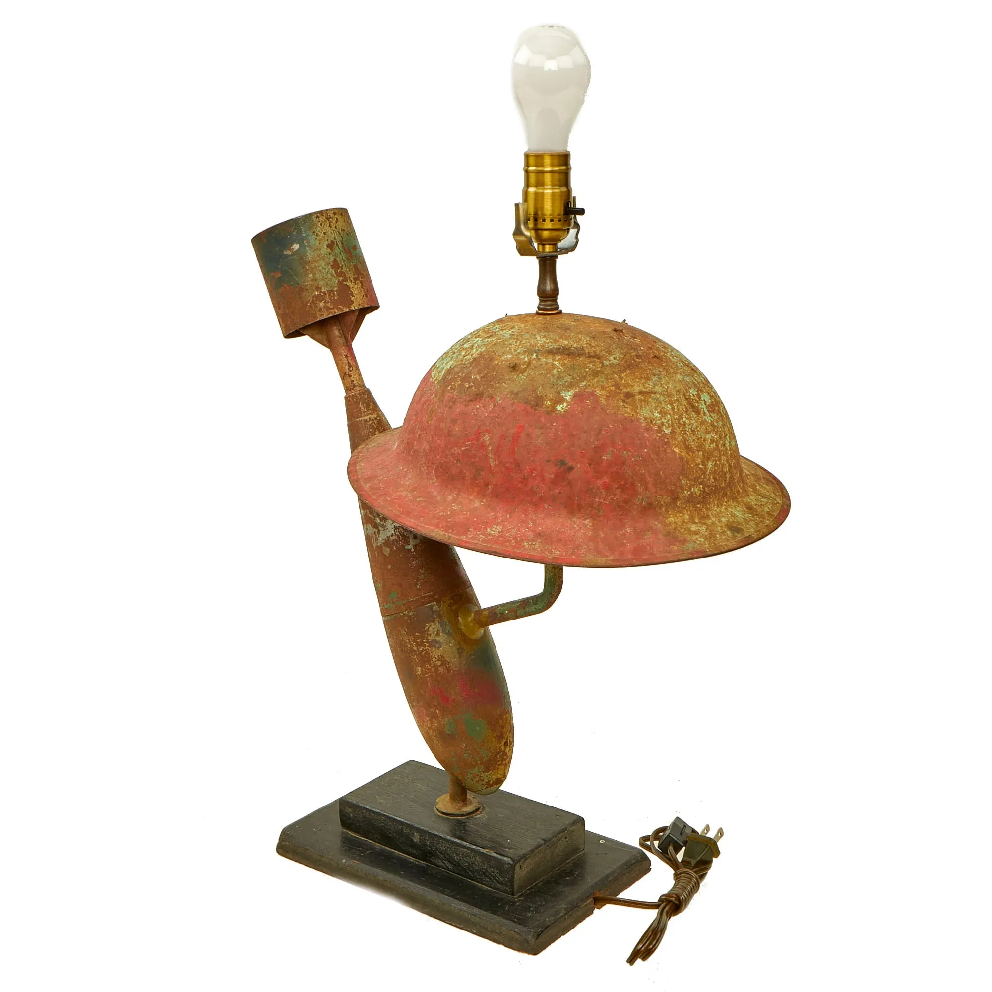 Original British WWI “Trench Art” Lamp Constructed Out Of Mk 1 Brodie Helmet and Inert Royal Flying Corps Aerial Bomb - Functional