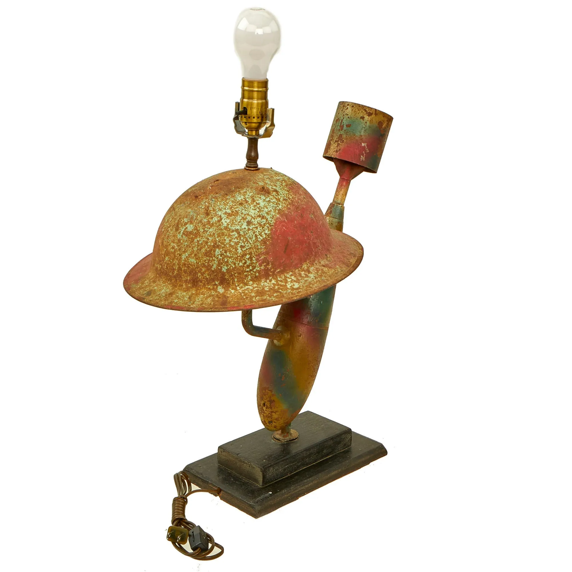 Original British WWI “Trench Art” Lamp Constructed Out Of Mk 1 Brodie Helmet and Inert Royal Flying Corps Aerial Bomb - Functional