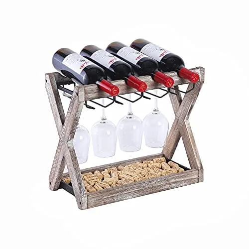 OUROLA Countertop Wine Rack Wine Glass Rack Tabletop Wooden Wine Bottle Holder, Hold 4 Wine Bottles and 8 Glasses, Perfect for Home & Kitchen Storage Rack Brown