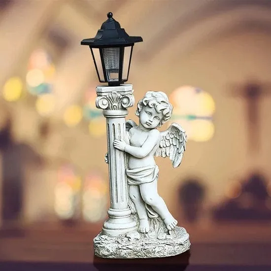 Outdoor Courtyard Patio Lamps Angel Statue with Roman Pillar