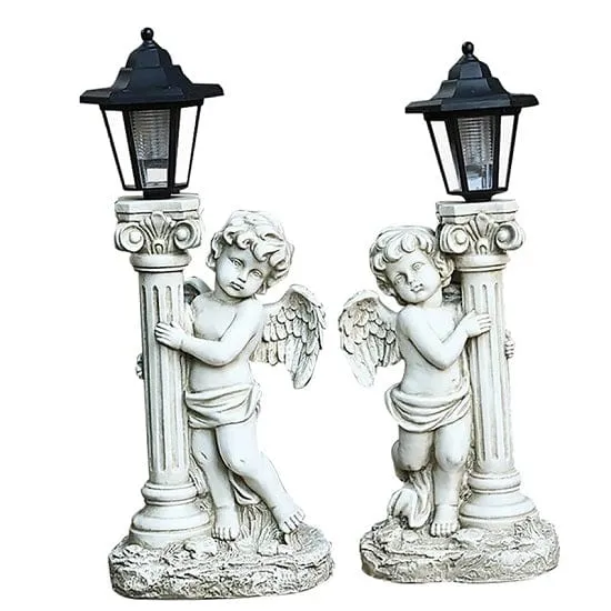 Outdoor Courtyard Patio Lamps Angel Statue with Roman Pillar