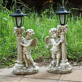 Outdoor Courtyard Patio Lamps Angel Statue with Roman Pillar