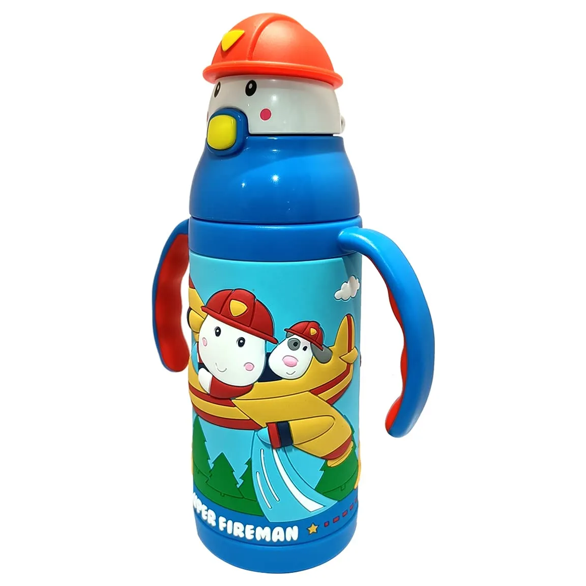 (PINKAH) Kids 3D Cap with Cartoon Design Bottle | Stainless Steel (380ML) - Pepa Blue