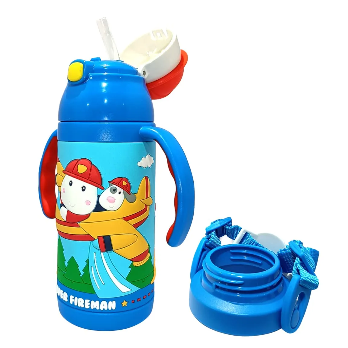 (PINKAH) Kids 3D Cap with Cartoon Design Bottle | Stainless Steel (380ML) - Pepa Blue