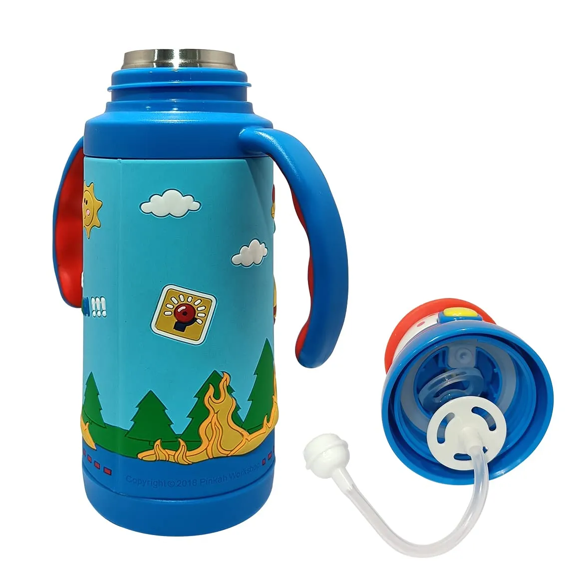 (PINKAH) Kids 3D Cap with Cartoon Design Bottle | Stainless Steel (380ML) - Pepa Blue