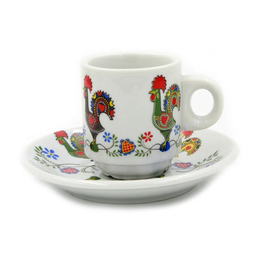 Portugal Themed Rooster Flowers Espresso Cups and Saucers with Gift Box, Set of 6