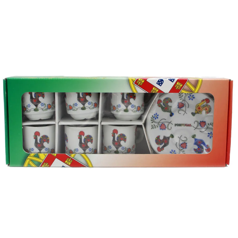 Portugal Themed Rooster Flowers Espresso Cups and Saucers with Gift Box, Set of 6