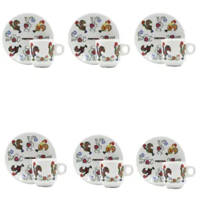 Portugal Themed Rooster Flowers Espresso Cups and Saucers with Gift Box, Set of 6