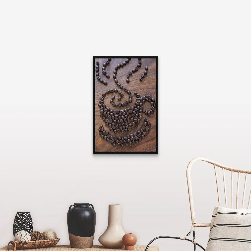 "A cup of coffee illustrated using coffee beans" Black Float Frame Canvas Art