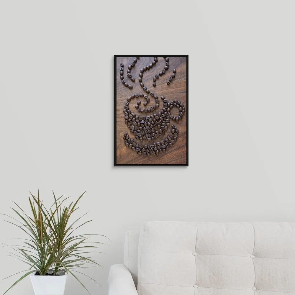 "A cup of coffee illustrated using coffee beans" Black Float Frame Canvas Art