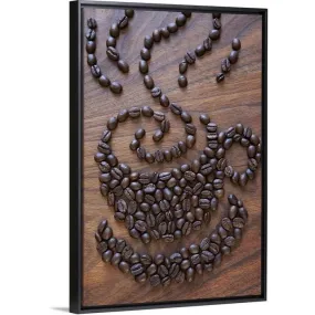 "A cup of coffee illustrated using coffee beans" Black Float Frame Canvas Art