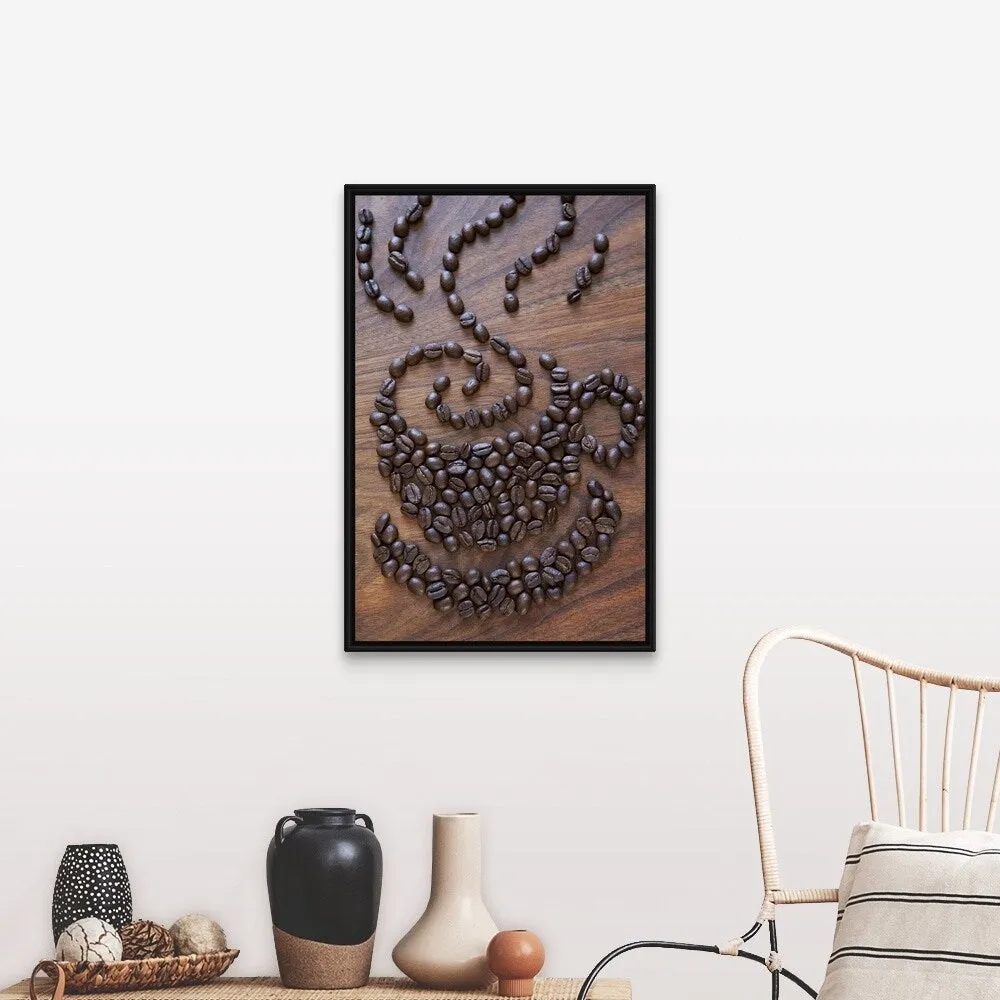 "A cup of coffee illustrated using coffee beans" Black Float Frame Canvas Art