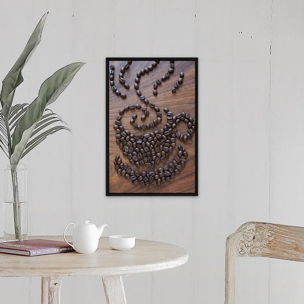 "A cup of coffee illustrated using coffee beans" Black Float Frame Canvas Art