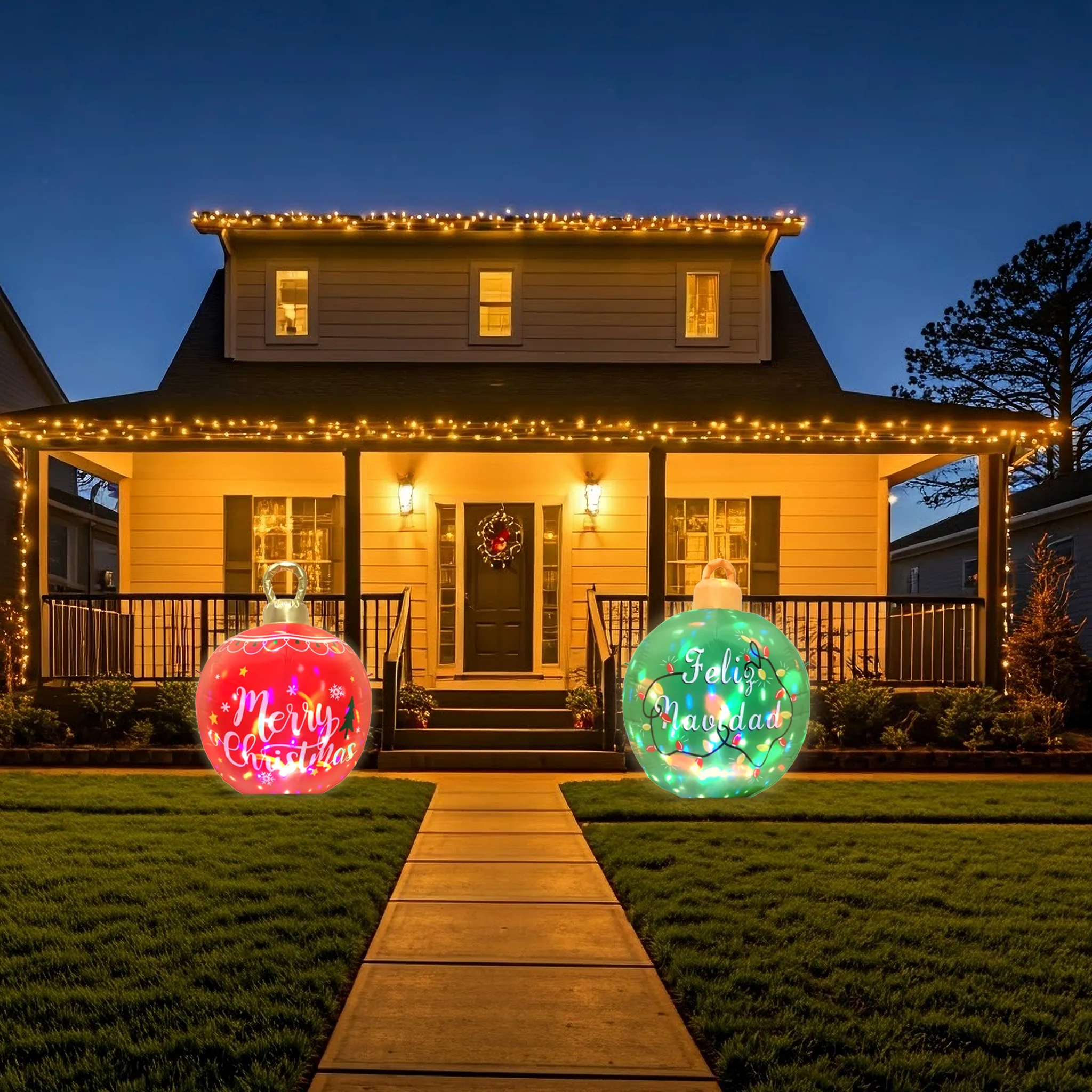 "Feliz Navidad" Ornament Spheres - 4FT Illuminated Inflatable