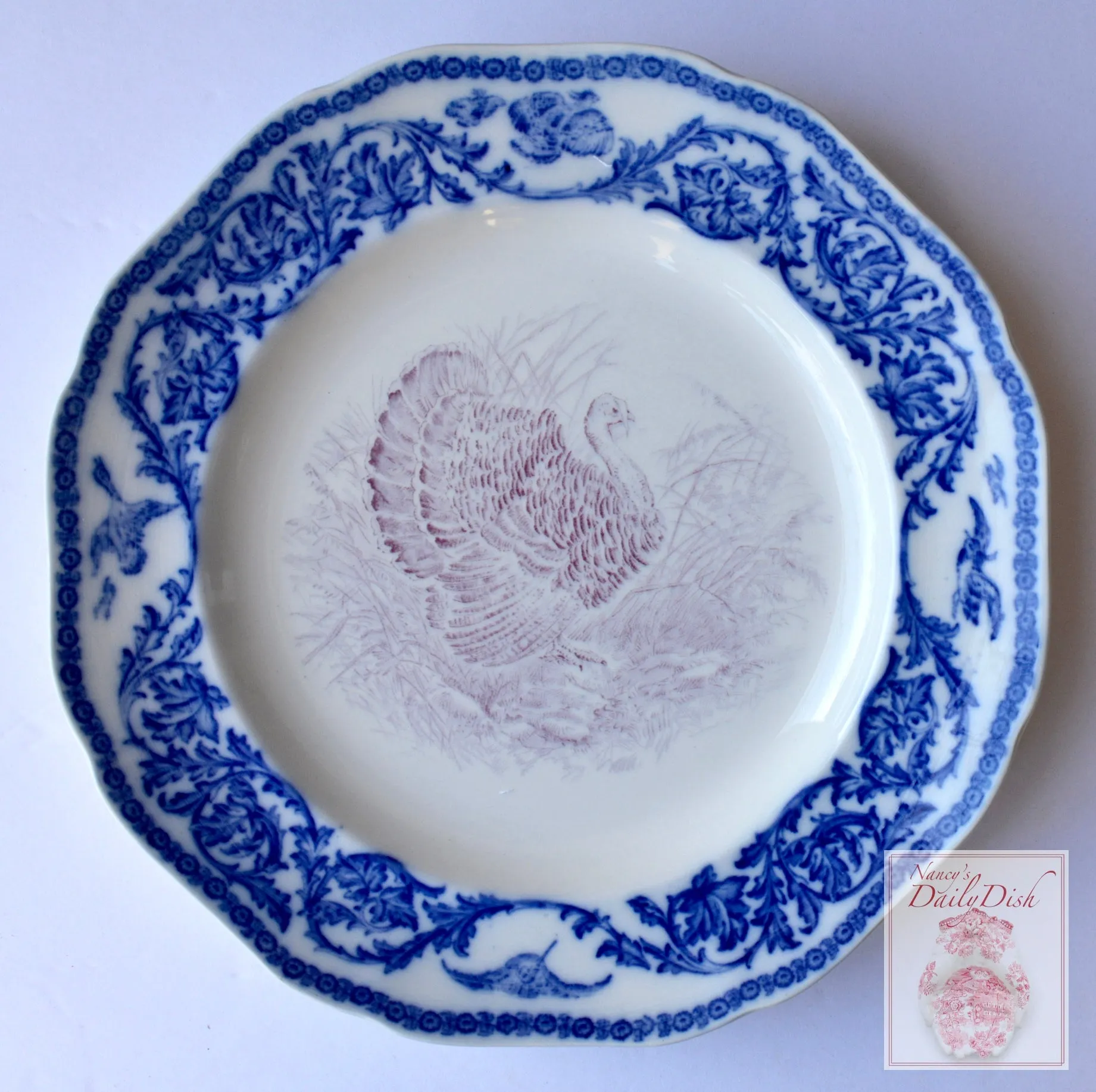 RARE Antique Bi Color Purple & Blue Transferware Staffordshire Thanksgiving Turkey Plate Royal Cauldon