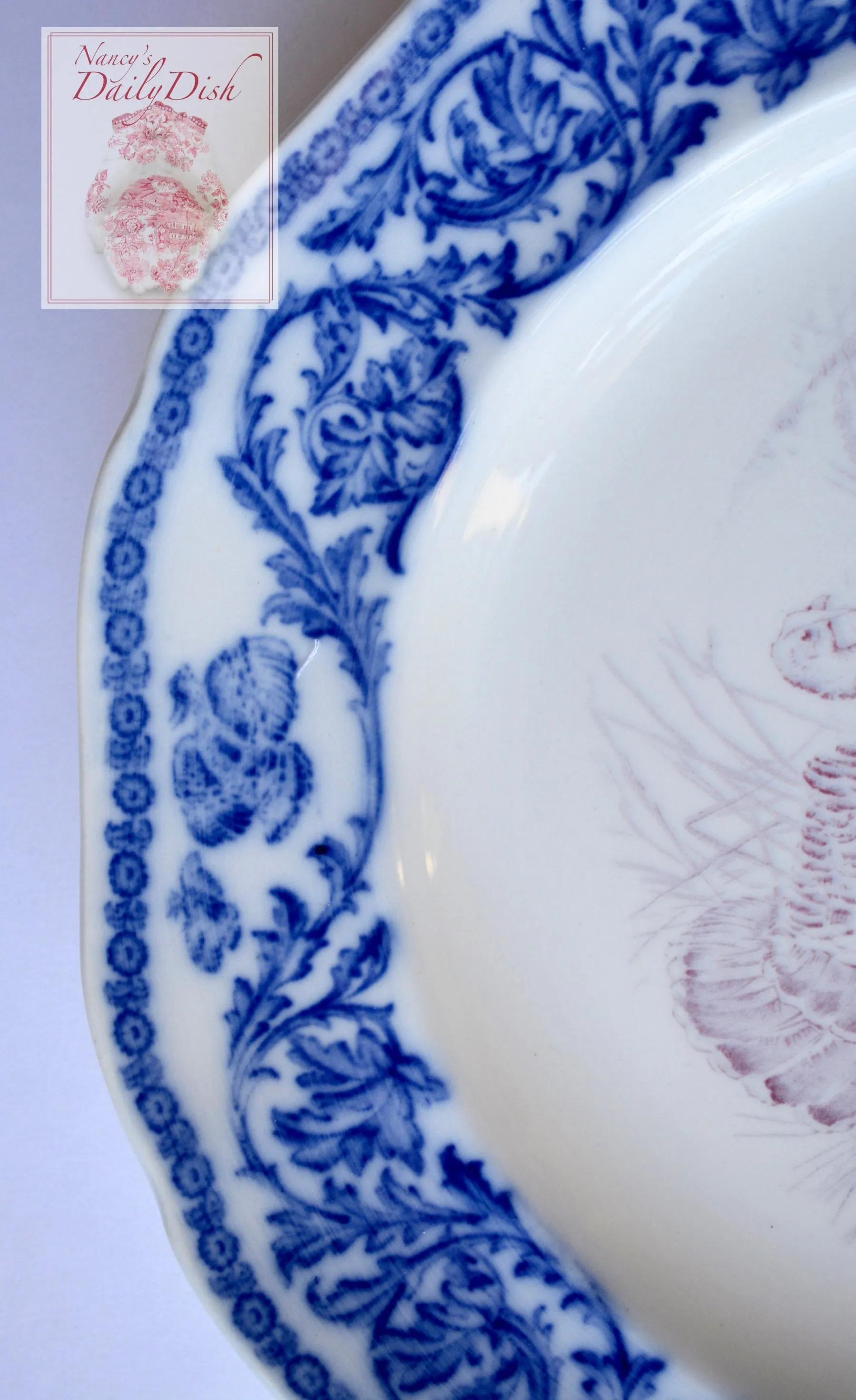 RARE Antique Bi Color Purple & Blue Transferware Staffordshire Thanksgiving Turkey Plate Royal Cauldon