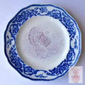 RARE Antique Bi Color Purple & Blue Transferware Staffordshire Thanksgiving Turkey Plate Royal Cauldon