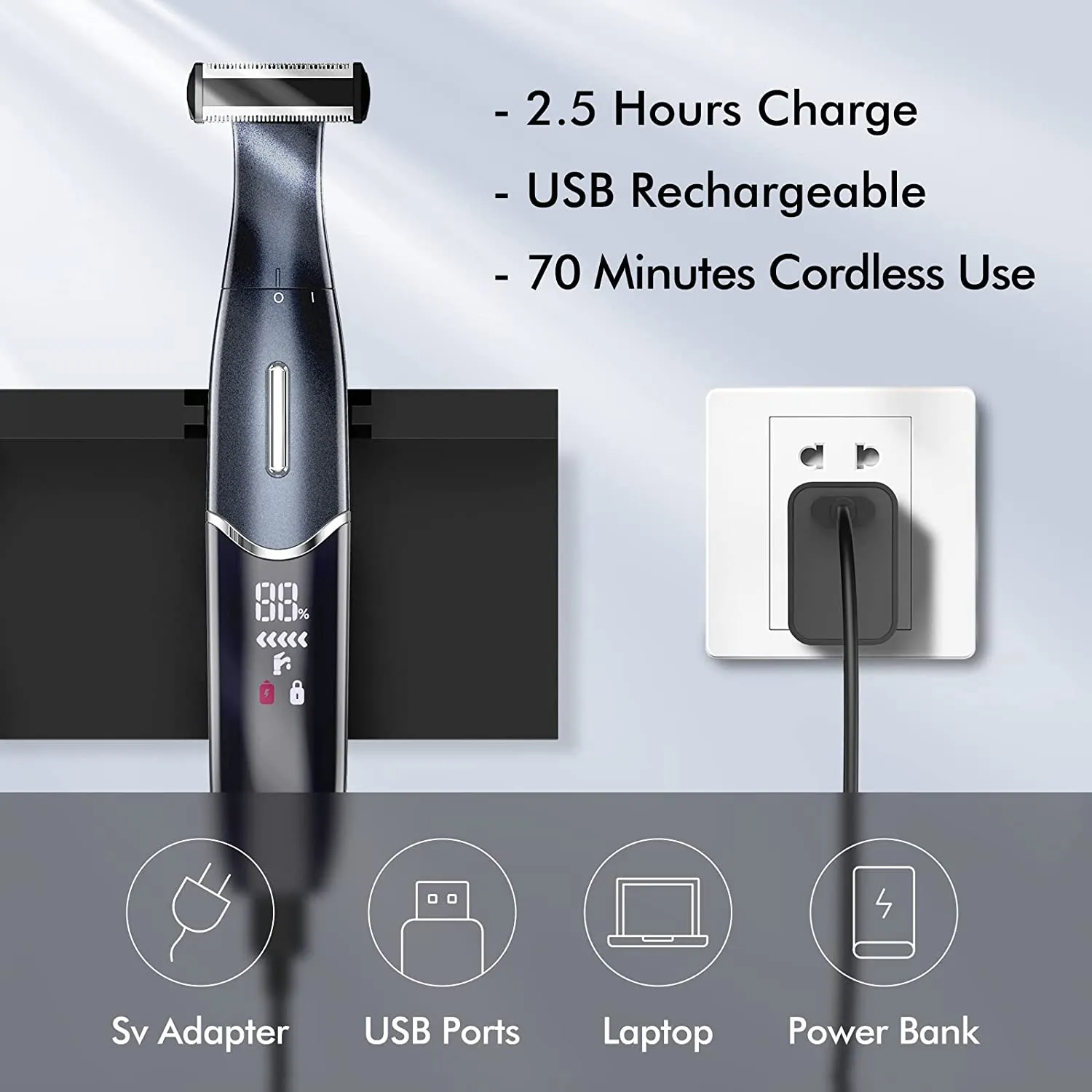 Rechargeable Pubic Hair Trimmer Wet/Dry Electric Razor for Men LED Display, IPX7 Waterproof Hair Shaver