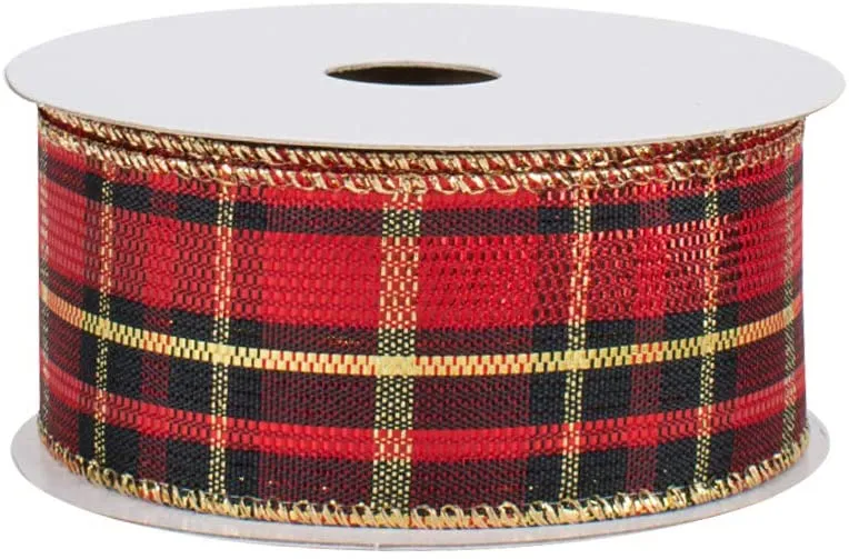 Red Black Gold Plaid Ribbon - 1 1/2" x 10 Yards, Wired Edge