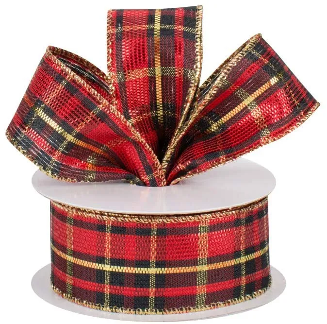 Red Black Gold Plaid Ribbon - 1 1/2" x 10 Yards, Wired Edge