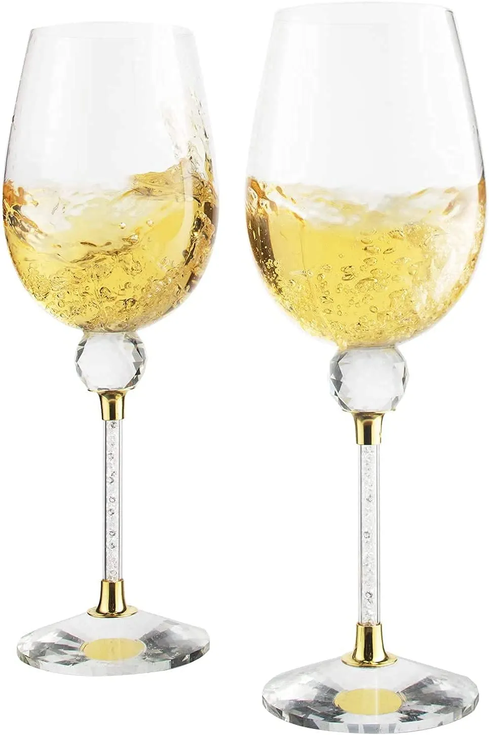 Rhinestone Studded Wine Glasses 16 Ounces Set of 2 Wine Savant, Gold and Laser Cut Sparkling Wine Wedding Glasses, Elegant Crystal - For Everyday, Weddings, Parties