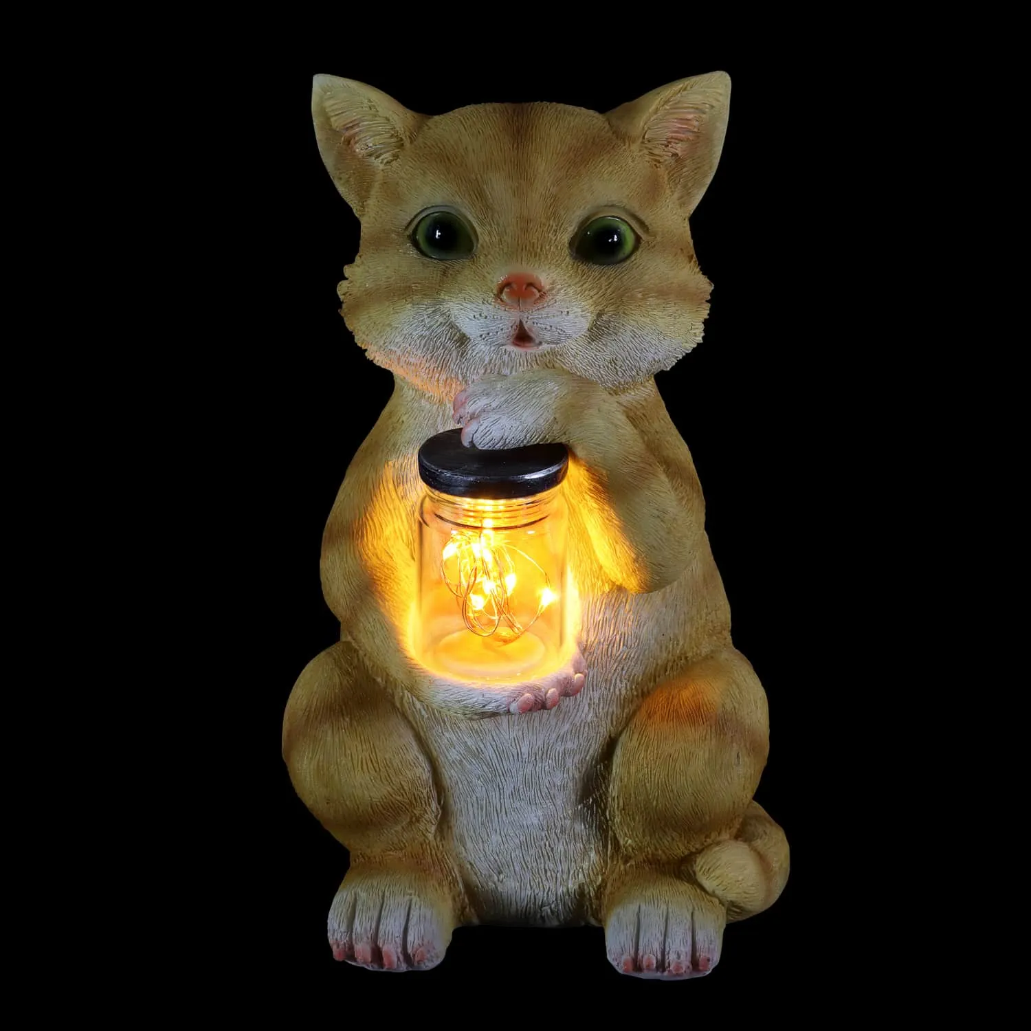 Solar Cat Garden Statuary with LED Firefly Jar, 10 Inches tall