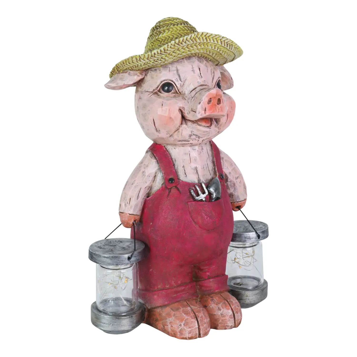 Solar Rustic Farmhouse Pig with Firefly Jars Statuary, 12.5 Inches