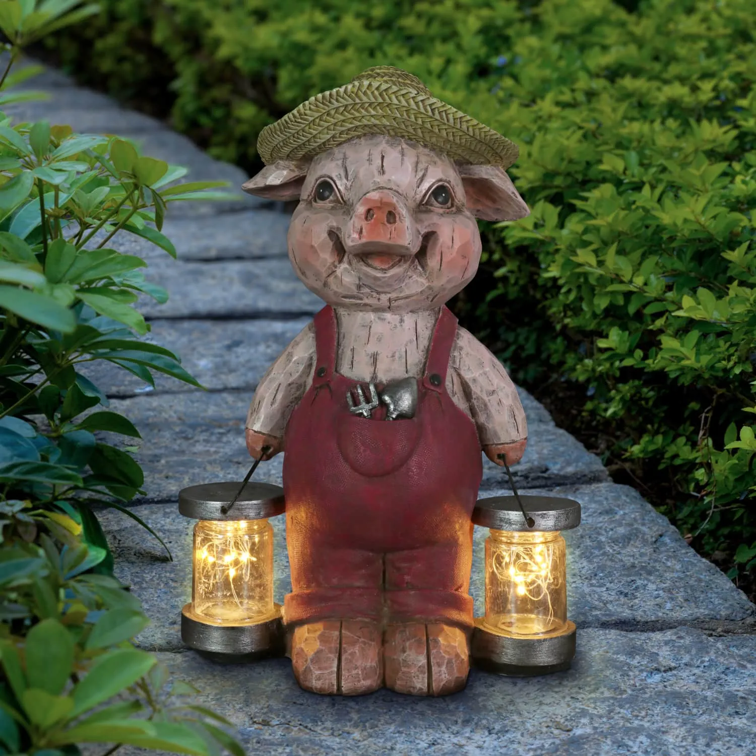 Solar Rustic Farmhouse Pig with Firefly Jars Statuary, 12.5 Inches