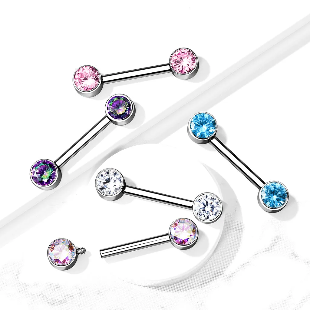 Solid Titanium Internally Threaded Flat Gem Nipple Barbells