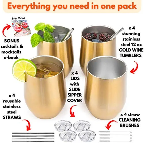 Stainless Steel Wine Tumbler With Lid and Straw 4 Pack Gold Wine Glasses