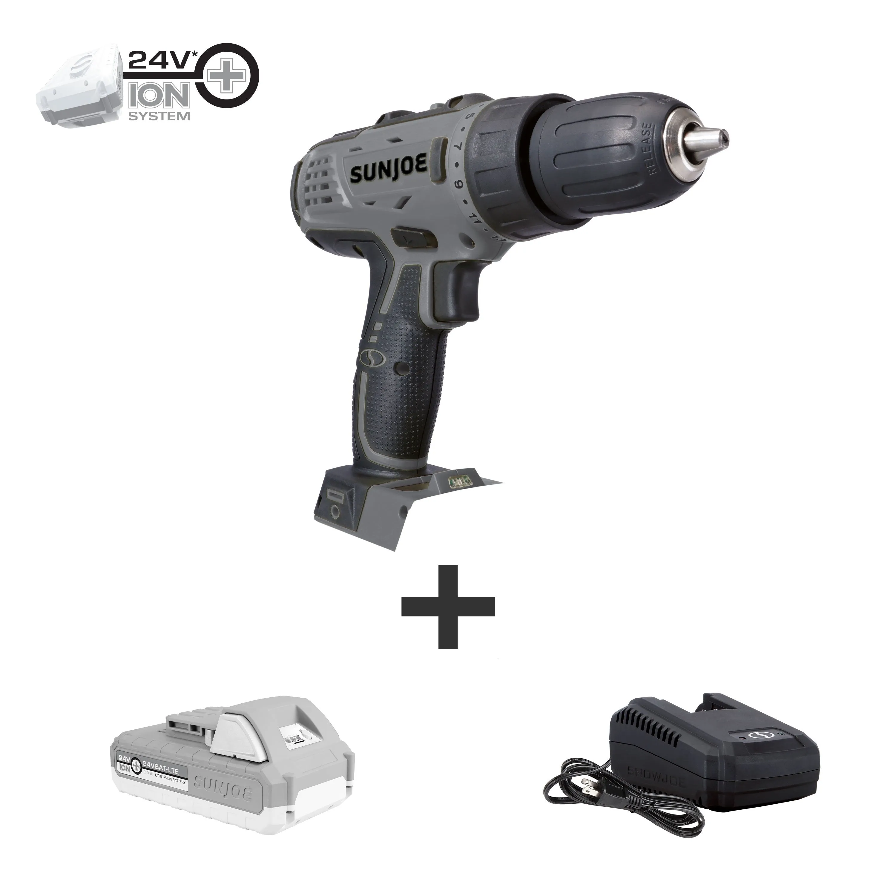 Sun Joe 24V-DD-LTE-BLK 24-Volt iON  Cordless Drill Driver Kit | W/ 2.0-Ah Battery and Charger (Black)