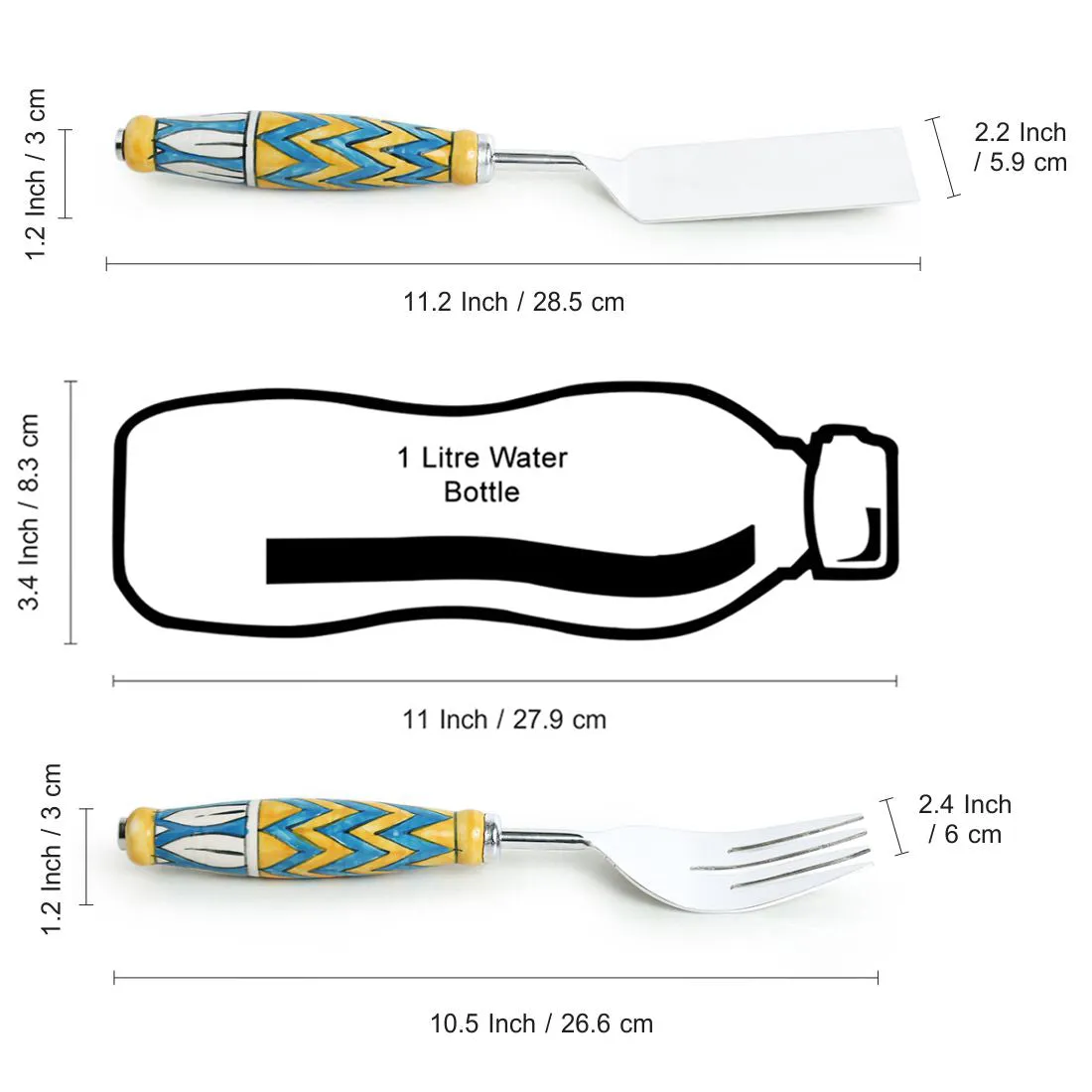 'The Mughal Paich Daar' Hand-Painted Serving Fork & Scraper In Stainless Steel & Ceramic (Set of 2)