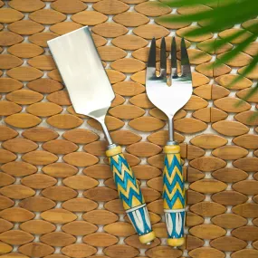 'The Mughal Paich Daar' Hand-Painted Serving Fork & Scraper In Stainless Steel & Ceramic (Set of 2)